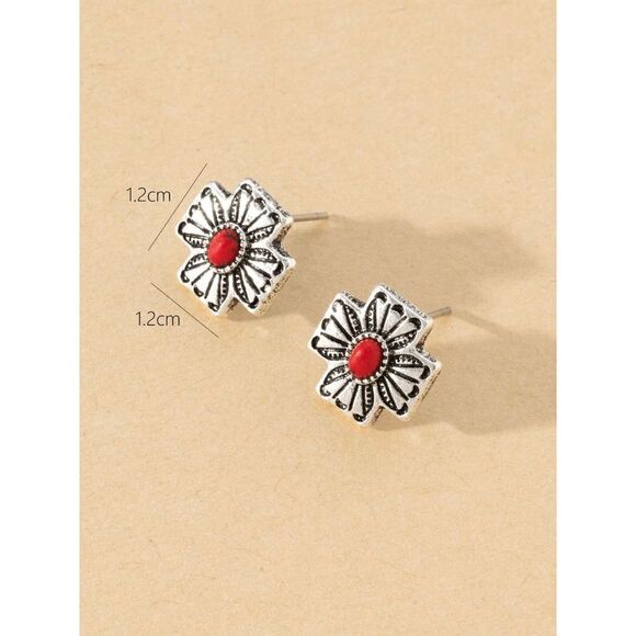 SILVER RED CORAL WESTERN SANTA FE STYLE CROSS STUD EARRINGS - Picture 5 of 5